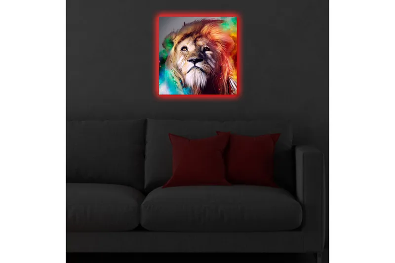 Canvastavla med LED-belysning 40x40 cm - Storslagen lejonhuvud med färgglada detaljer - Guld / Grön / Röd - Inredning - Tavlor & posters - Canvastavla