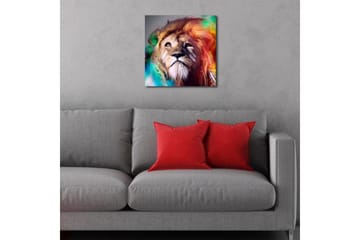 Canvastavla med LED-belysning 40x40 cm - Storslagen lejonhuvud med färgglada detaljer - Guld / Grön / Röd - Inredning - Tavlor & posters - Canvastavla