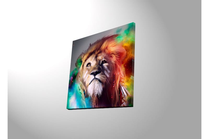 Canvastavla med LED-belysning 40x40 cm - Storslagen lejonhuvud med färgglada detaljer - Guld / Grön / Röd - Inredning - Tavlor & posters - Canvastavla