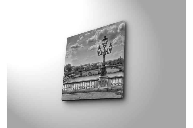 Canvastavla med LED-belysning 40x40 cm - Svartvit stadsbild med en elegant gatulampa vid en bro - Svart / Vitt / Grått - Inredning - Tavlor & posters - Canvastavla