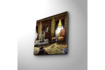 Canvastavla med LED-belysning 40x40 cm - Välkomnande inredning med antika möbler och blommor under glasmonter - Guld / Brun / Grön - Inredning - Tavlor & posters - Canvastavla