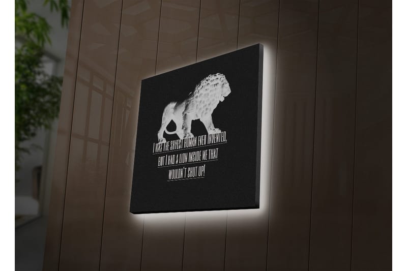 Canvastavla med LED-belysning 40x40 cm - Vit lejonfigur mot svart bakgrund med inspirerande text - Vit / Svart - Inredning - Tavlor & posters - Canvastavla