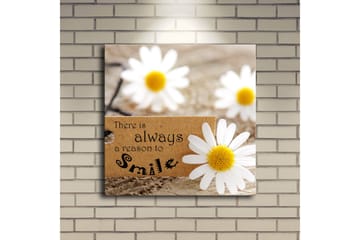 Canvastavla med LED-belysning 40x40 cm - Vitsippor på en träyta med ett budskap om att alltid le - Vit / Gul / Brun - Inredning - Tavlor & posters - Canvastavla