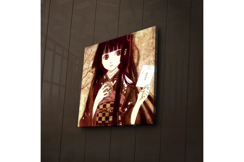 Canvastavla med LED-belysning 40x40 cm - Porträtt av en ung kvinna i traditionell klädsel med en kopp och ett brev i handen - Mörkröd / Beige / Svart - Inredning - Tavlor & posters - Canvastavla