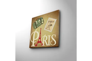 Canvastavla med LED-belysning 40x40 cm - Paris-inspirerat konstverk med Eiffeltornet och resesymboler - Röd / Grön / Beige - Inredning - Tavlor & posters - Canvastavla