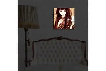 Canvastavla med LED-belysning 40x40 cm - Porträtt av en ung kvinna i traditionell klädsel med en kopp och ett brev i handen - Mörkröd / Beige / Svart - Inredning - Tavlor & posters - Canvastavla