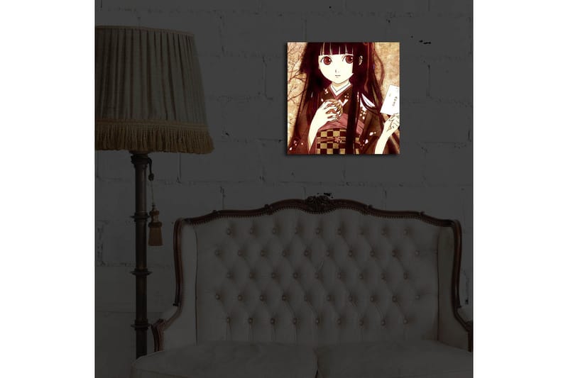 Canvastavla med LED-belysning 40x40 cm - Porträtt av en ung kvinna i traditionell klädsel med en kopp och ett brev i handen - Mörkröd / Beige / Svart - Inredning - Tavlor & posters - Canvastavla