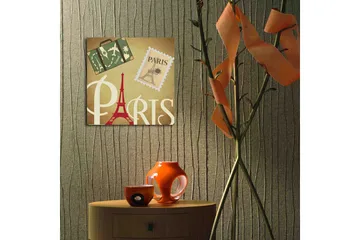 Canvastavla med LED-belysning 40x40 cm - Paris-inspirerat konstverk med Eiffeltornet och resesymboler - Röd / Grön / Beige - Inredning - Tavlor & posters - Canvastavla