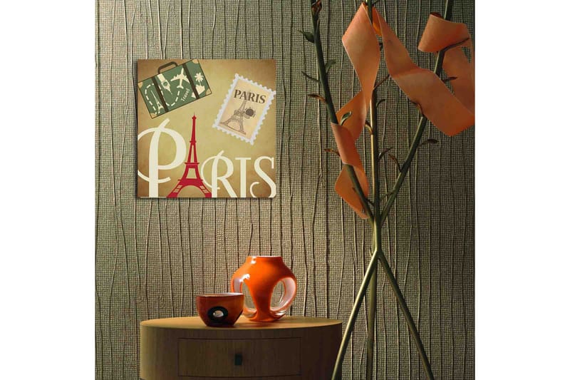 Canvastavla med LED-belysning 40x40 cm - Paris-inspirerat konstverk med Eiffeltornet och resesymboler - Röd / Grön / Beige - Inredning - Tavlor & posters - Canvastavla