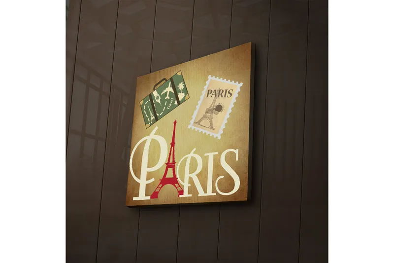 Canvastavla med LED-belysning 40x40 cm - Paris-inspirerat konstverk med Eiffeltornet och resesymboler - Röd / Grön / Beige - Inredning - Tavlor & posters - Canvastavla