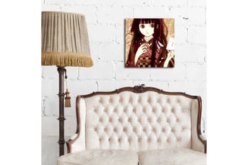 Canvastavla med LED-belysning 40x40 cm - Porträtt av en ung kvinna i traditionell klädsel med en kopp och ett brev i handen - Mörkröd / Beige / Svart - Inredning - Tavlor & posters - Canvastavla