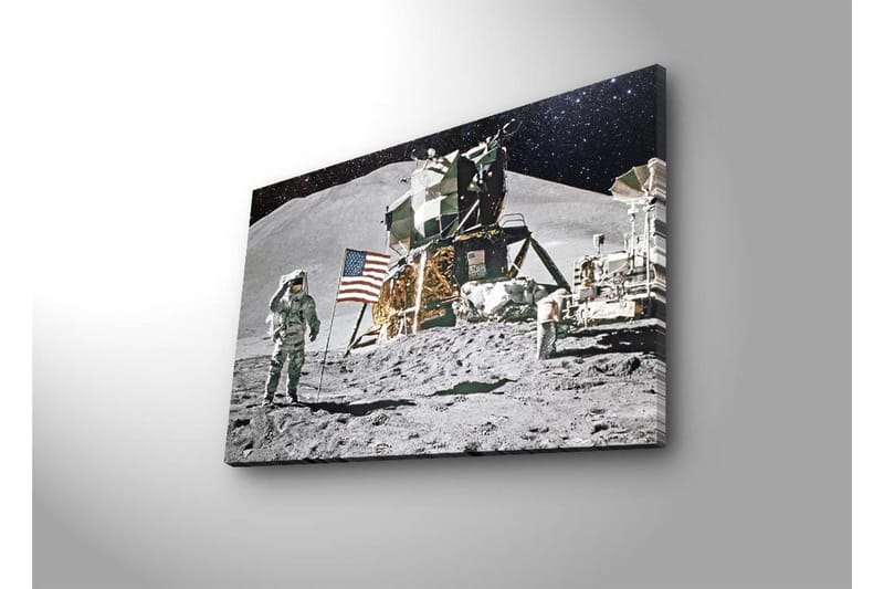 Canvastavla med LED-belysning 45x70 cm - Astronaut på månyta med månlandare och amerikansk flagga - Grå / Svart / Guld - Inredning - Tavlor & posters - Canvastavla