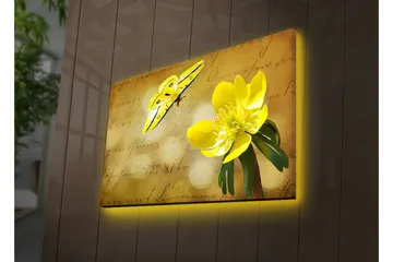 Canvastavla med LED-belysning 45x70 cm - Färgglad fjäril och blomma på en mjukt tonad bakgrund - Gul / Grön / Beige - Inredning - Tavlor & posters - Canvastavla
