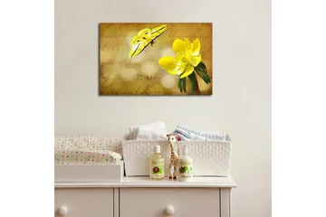 Canvastavla med LED-belysning 45x70 cm - Färgglad fjäril och blomma på en mjukt tonad bakgrund - Gul / Grön / Beige - Inredning - Tavlor & posters - Canvastavla