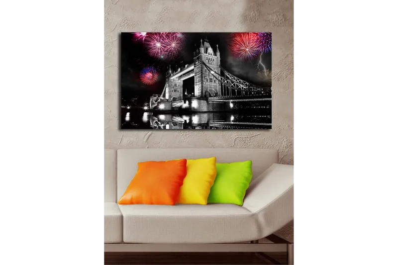 Canvastavla med LED-belysning 45x70 cm - Fyrverkerier över Tower Bridge i svartvitt - Svart / Röd / Blå - Inredning - Tavlor & posters - Canvastavla