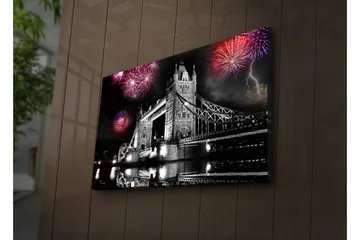 Canvastavla med LED-belysning 45x70 cm - Fyrverkerier över Tower Bridge i svartvitt - Svart / Röd / Blå - Inredning - Tavlor & posters - Canvastavla
