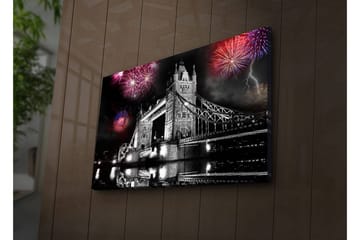Canvastavla med LED-belysning 45x70 cm - Fyrverkerier över Tower Bridge i svartvitt - Svart / Röd / Blå - Inredning - Tavlor & posters - Canvastavla