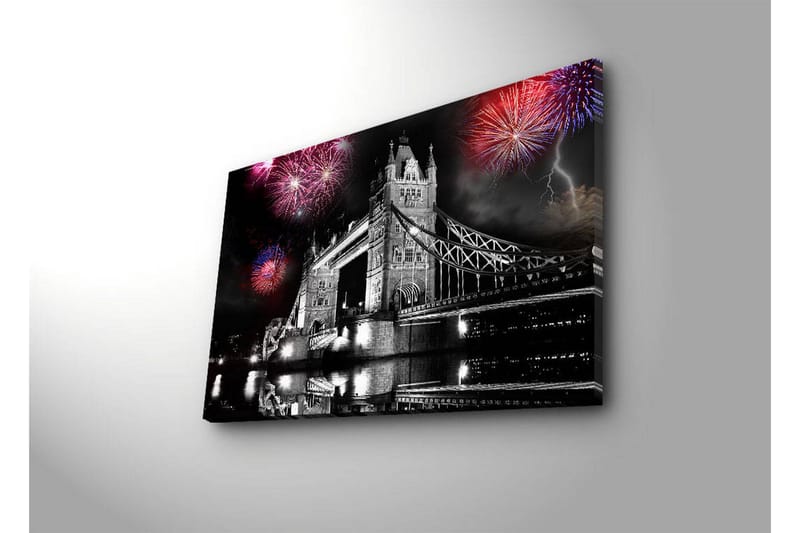 Canvastavla med LED-belysning 45x70 cm - Fyrverkerier över Tower Bridge i svartvitt - Svart / Röd / Blå - Inredning - Tavlor & posters - Canvastavla