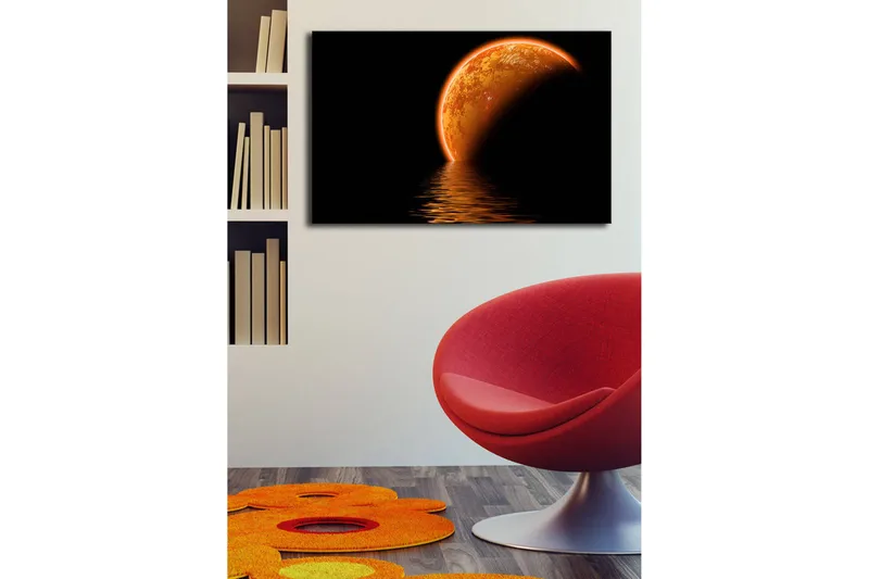 Canvastavla med LED-belysning 45x70 cm - Glödande planet som speglas i en mörk vattenyta - Orange / Svart - Inredning - Tavlor & posters - Canvastavla