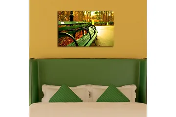 Canvastavla med LED-belysning 45x70 cm - Grön bänk i en höstig parkmiljö - Grön / Gul / Brun - Inredning - Tavlor & posters - Canvastavla