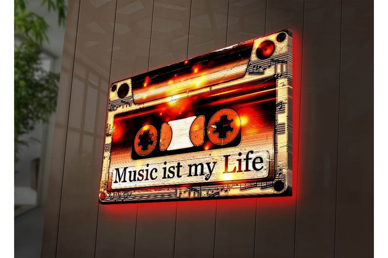 Canvastavla med LED-belysning 45x70 cm - Kassettband med texten Music ist my Life - Svart / Orange / Vit - Inredning - Tavlor & posters - Canvastavla