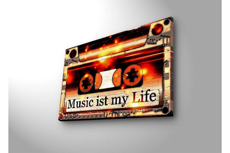 Canvastavla med LED-belysning 45x70 cm - Kassettband med texten Music ist my Life - Svart / Orange / Vit - Inredning - Tavlor & posters - Canvastavla