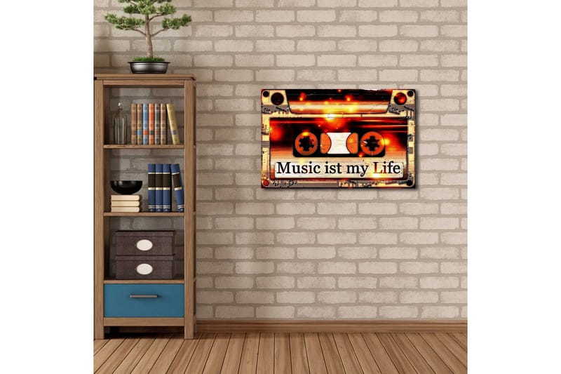 Canvastavla med LED-belysning 45x70 cm - Kassettband med texten Music ist my Life - Svart / Orange / Vit - Inredning - Tavlor & posters - Canvastavla