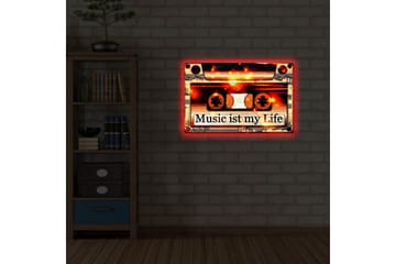 Canvastavla med LED-belysning 45x70 cm - Kassettband med texten Music ist my Life - Svart / Orange / Vit - Inredning - Tavlor & posters - Canvastavla