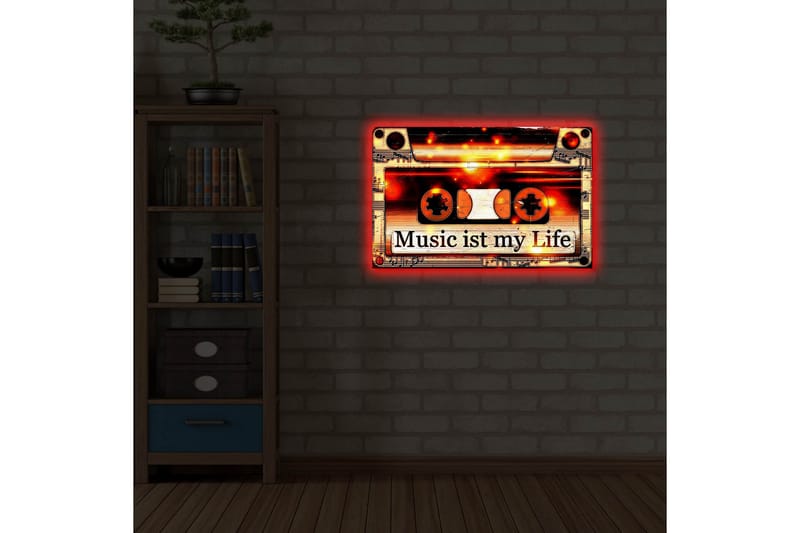 Canvastavla med LED-belysning 45x70 cm - Kassettband med texten Music ist my Life - Svart / Orange / Vit - Inredning - Tavlor & posters - Canvastavla