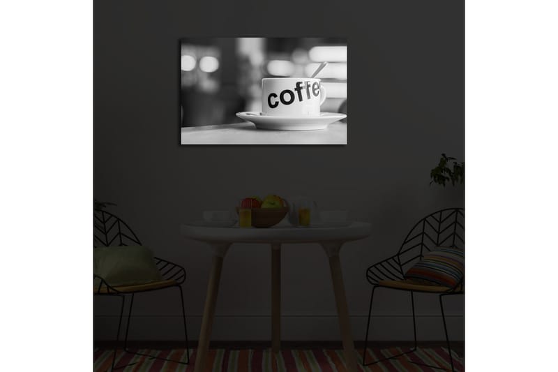 Canvastavla med LED-belysning 45x70 cm - Kopp med texten coffee på en tallrik - Vit / Svart - Inredning - Tavlor & posters - Canvastavla