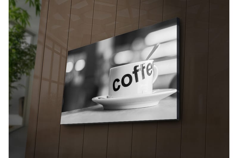 Canvastavla med LED-belysning 45x70 cm - Kopp med texten coffee på en tallrik, Vit / Svart