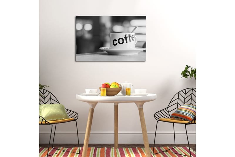 Canvastavla med LED-belysning 45x70 cm - Kopp med texten coffee på en tallrik - Vit / Svart - Inredning - Tavlor & posters - Canvastavla