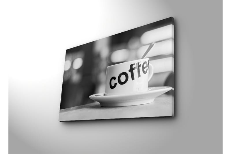 Canvastavla med LED-belysning 45x70 cm - Kopp med texten coffee på en tallrik - Vit / Svart - Inredning - Tavlor & posters - Canvastavla