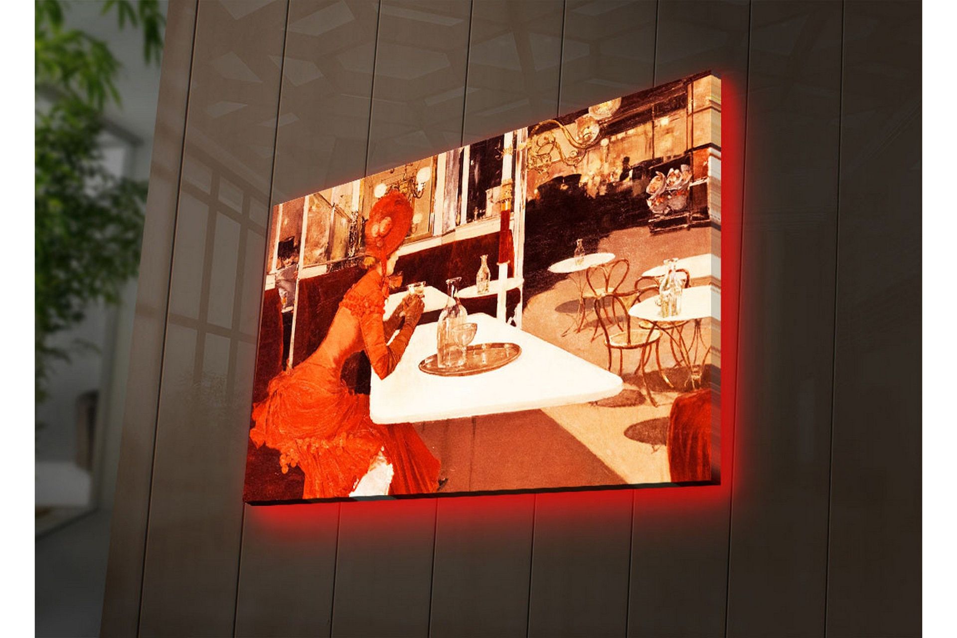 Canvastavla med LED-belysning 45x70 cm - Kvinna i r&ouml;d kl&auml;nning som sitter vid ett caf&eacute;bord - R&ouml;d / Beige / Brun