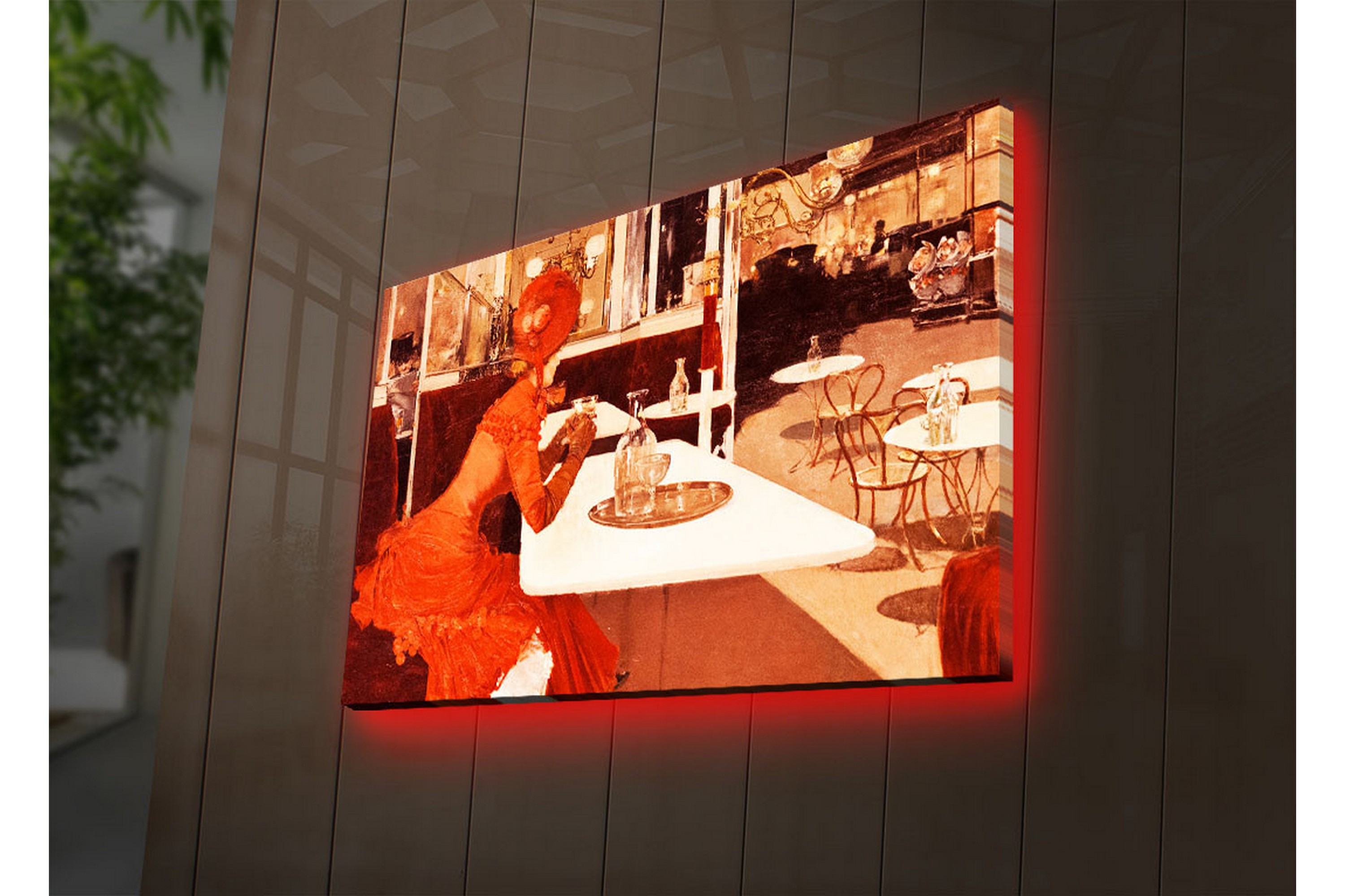 canvastavla med led-belysning 45x70 cm - kvinna i röd klänning som sitter vid ett cafébord - röd / beige / brun