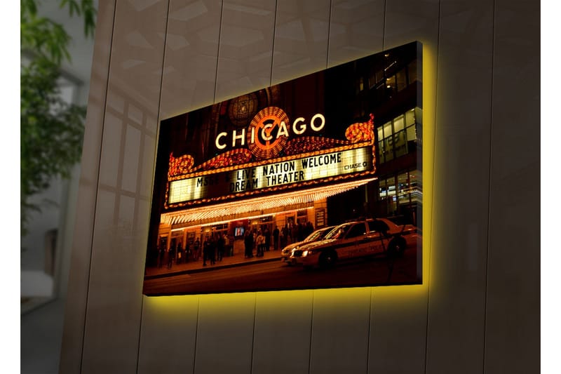 Canvastavla med LED-belysning 45x70 cm - Ljus och livlig teaterfasad i Chicago - Guld / Svart / Vit - Inredning - Tavlor & posters - Canvastavla