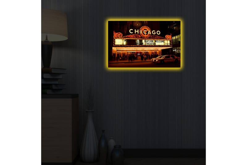 Canvastavla med LED-belysning 45x70 cm - Ljus och livlig teaterfasad i Chicago - Guld / Svart / Vit - Inredning - Tavlor & posters - Canvastavla