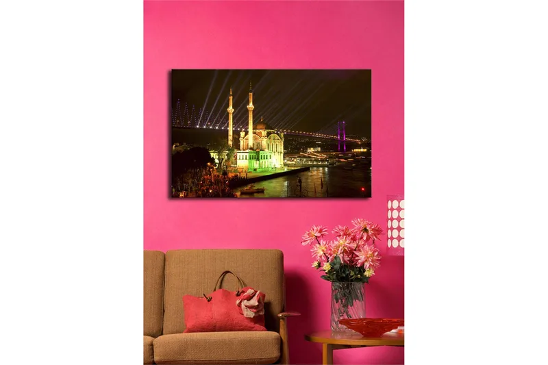 Canvastavla med LED-belysning 45x70 cm - Nattlig stadsbild med en upplyst moské och broar - Grön / Lila / Gul - Inredning - Tavlor & posters - Canvastavla