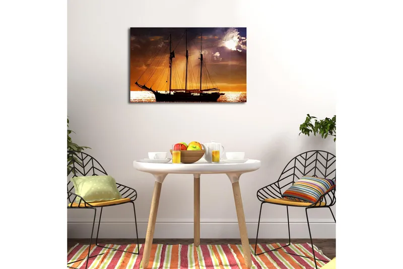 Canvastavla med LED-belysning 45x70 cm - Segelbåt mot en solnedgång över havet - Orange / Svart / Guld - Inredning - Tavlor & posters - Canvastavla