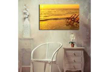 Canvastavla med LED-belysning 45x70 cm - Solnedgång över havet med två strandstolar i förgrunden - Guld / Orange / Brunt - Inredning - Tavlor & posters - Canvastavla