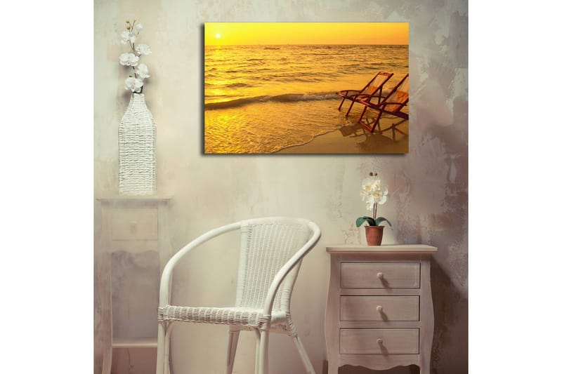 Canvastavla med LED-belysning 45x70 cm - Solnedgång över havet med två strandstolar i förgrunden - Guld / Orange / Brunt - Inredning - Tavlor & posters - Canvastavla