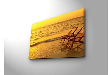 Canvastavla med LED-belysning 45x70 cm - Solnedgång över havet med två strandstolar i förgrunden - Guld / Orange / Brunt - Inredning - Tavlor & posters - Canvastavla