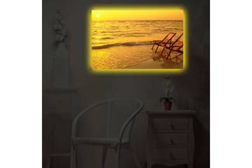 Canvastavla med LED-belysning 45x70 cm - Solnedgång över havet med två strandstolar i förgrunden - Guld / Orange / Brunt - Inredning - Tavlor & posters - Canvastavla