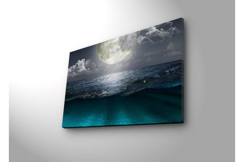 Canvastavla med LED-belysning 45x70 cm - Storslagen måne över ett stormigt hav - Mörkblå / Turkos / Grå - Inredning - Tavlor & posters - Canvastavla