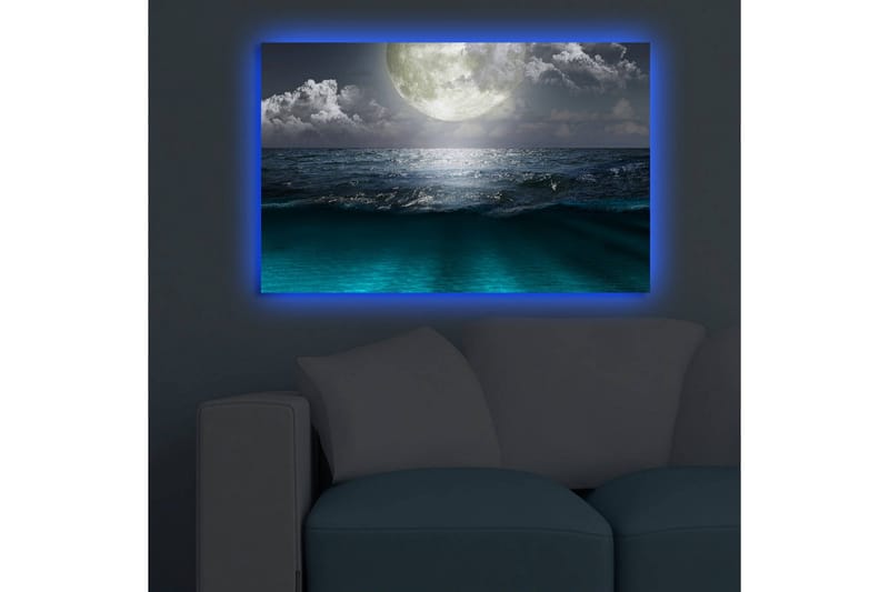 Canvastavla med LED-belysning 45x70 cm - Storslagen måne över ett stormigt hav - Mörkblå / Turkos / Grå - Inredning - Tavlor & posters - Canvastavla
