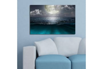 Canvastavla med LED-belysning 45x70 cm - Storslagen måne över ett stormigt hav - Mörkblå / Turkos / Grå - Inredning - Tavlor & posters - Canvastavla