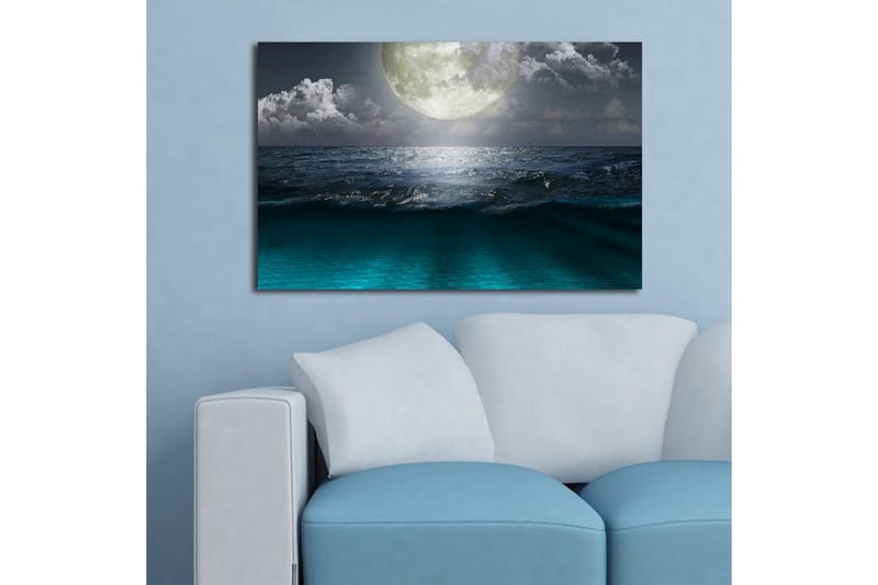 Canvastavla med LED-belysning 45x70 cm - Storslagen måne över ett stormigt hav - Mörkblå / Turkos / Grå - Inredning - Tavlor & posters - Canvastavla