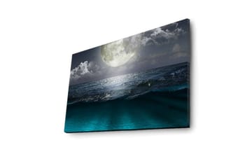 Canvastavla med LED-belysning 45x70 cm - Storslagen måne över ett stormigt hav - Mörkblå / Turkos / Grå - Inredning - Tavlor & posters - Canvastavla