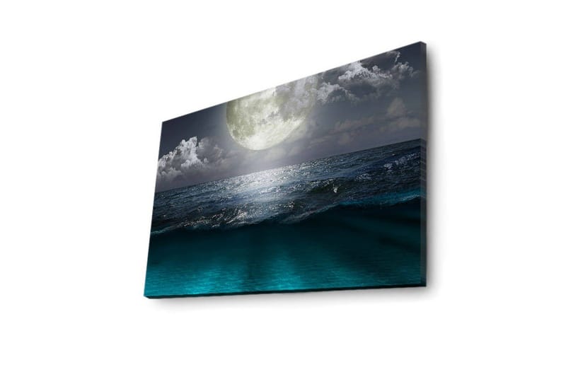 Canvastavla med LED-belysning 45x70 cm - Storslagen måne över ett stormigt hav - Mörkblå / Turkos / Grå - Inredning - Tavlor & posters - Canvastavla