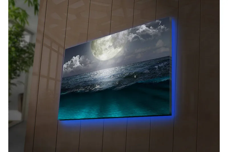 Canvastavla med LED-belysning 45x70 cm - Storslagen måne över ett stormigt hav, Mörkblå / Turkos / Grå